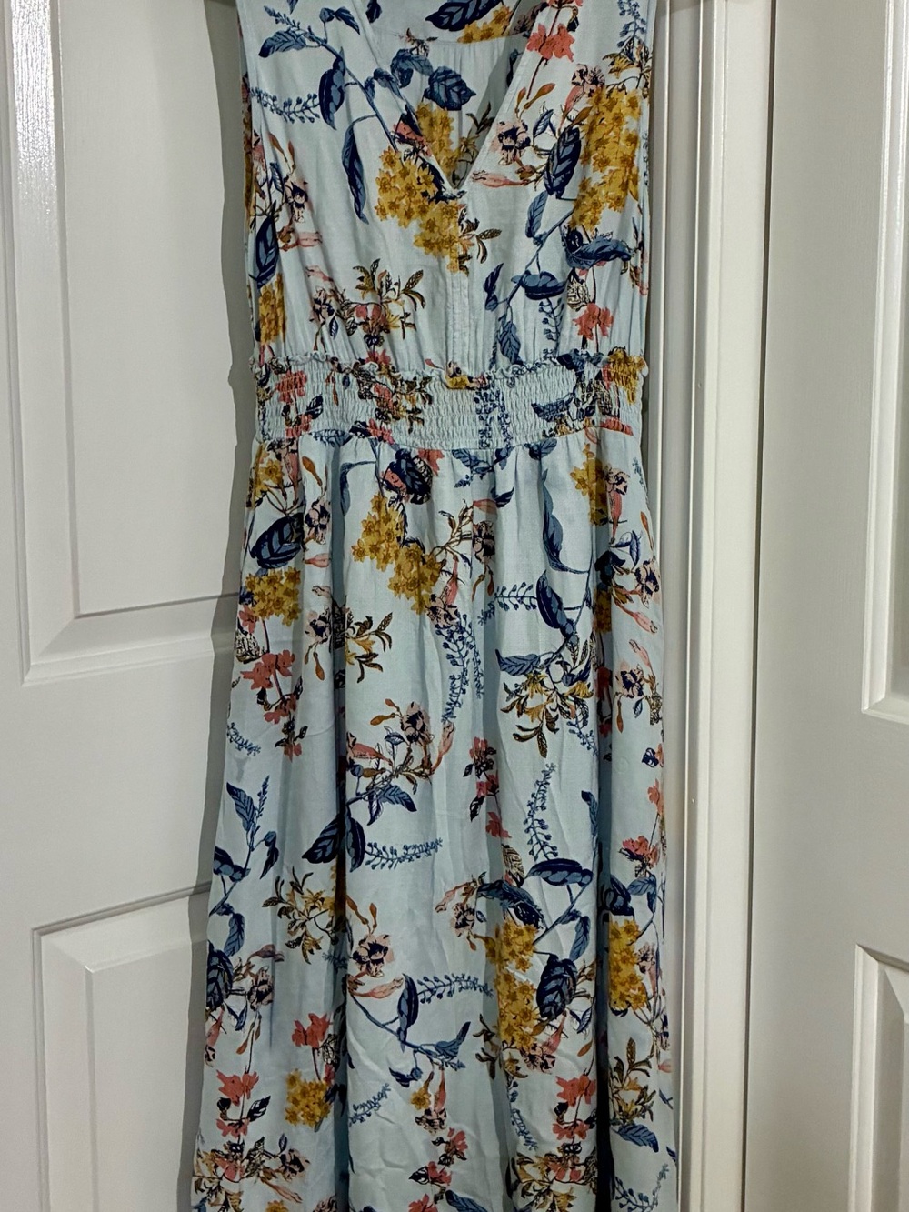 Lucky Brand Light Blue Floral Maxi Dress with Yellow & Navy Accents